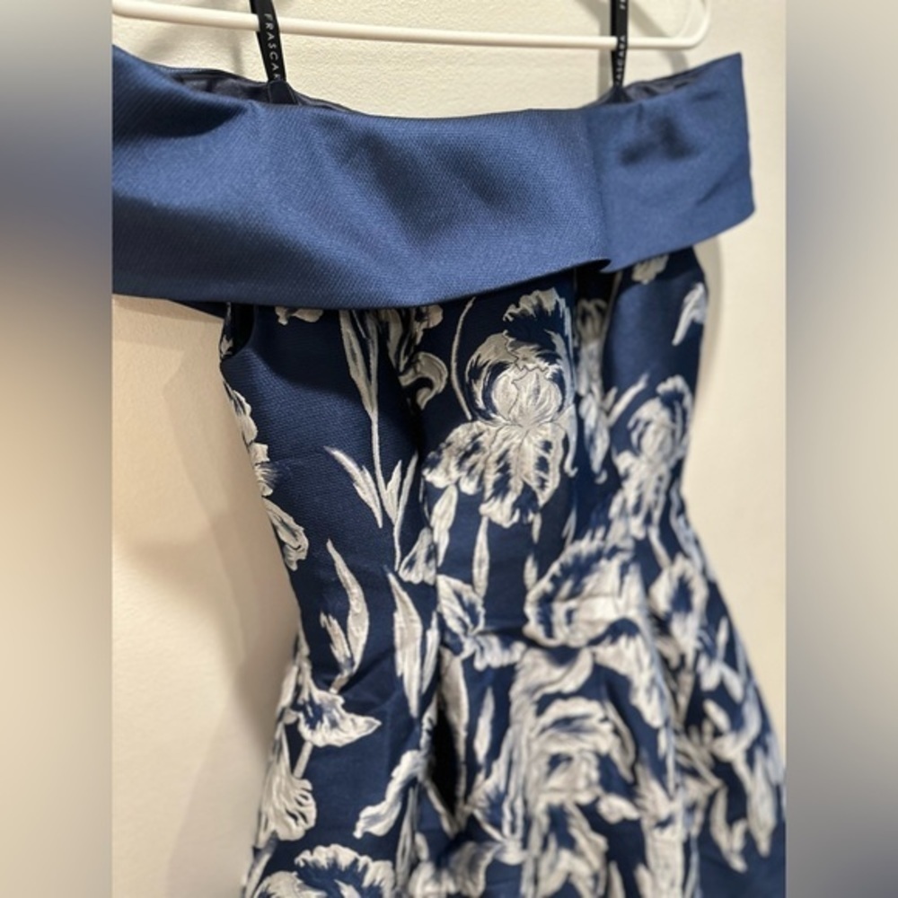 Frascara 3850 Navy Blue Silk Blend Floral Jacquard Hi-Lo Off Shoulder Dress 6 - Picture 5 of 10